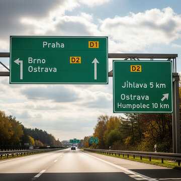 Highway road signs pointing to Prague Brno Ostrava Jihlava and Humpolec under a cloudy sky