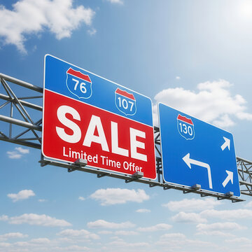 Highway Sign Advertising SALE Limited Time Offer with Interstate Route Numbers and Directional Arrows Under Blue Sky