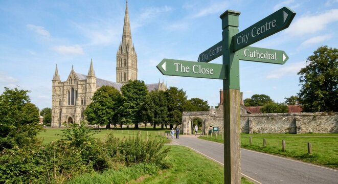 Historic Cathedral Signpost in Sunny Meadow Salisbury England