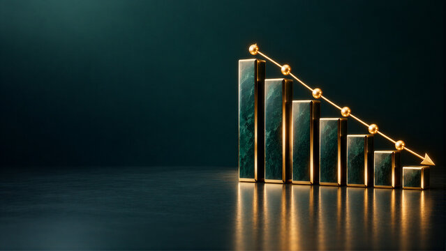 Declining Financial Bar Chart with Downward Arrow and Copy Space