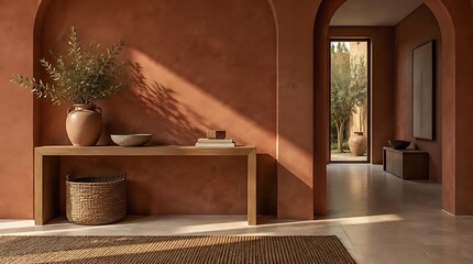 Obraz premium Modern minimalist interior design featuring terracotta walls and arched doorways with natural sunlight.