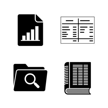Business analytics, document search, spreadsheet and newspaper vector icon set isolated on transparent background