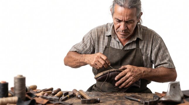 An experienced cobbler meticulously repairs a shoe, surrounded by his tools. He is focused on his craft, showcasing a dedication to traditional workmanship