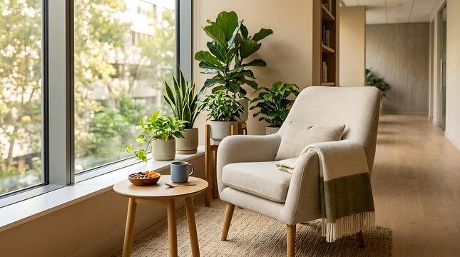 A cozy lounge corner designed for a 15 minute break with comfortable armchair, indoor plants and natural light