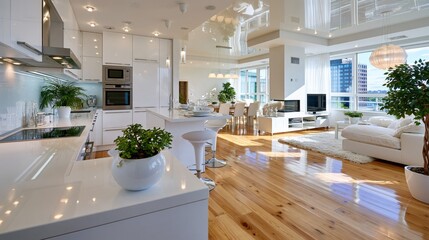 Obraz premium Modern open-plan kitchen and living room with white cabinetry, wooden floors, indoor plants, and.