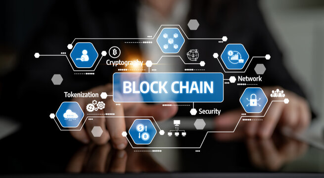 A conceptual image showcasing a digital device held by hands with blockchain technology icons, emphasizing security, networking, and tokenization within modern finance. Tessel