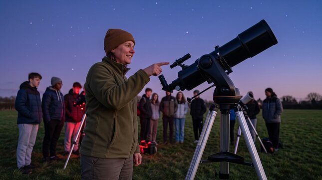 A group of people gathered in a field at dusk, looking at a telescope pointed towards the starry sky. A woman in the foreground is pointing at the sky, seemingly explaining something to the others.