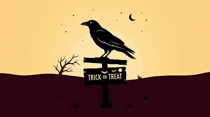 Obraz premium Spooky Halloween Illustration with Raven Silhouette Perched on Trick or Treat Wooden Sign under Moonlit Sky