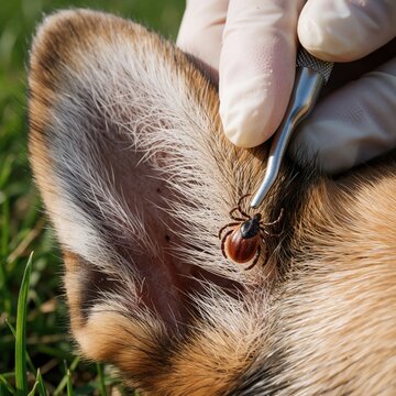 Vet uses medical tweezers to remove tick from dog ear. Pro gloved hands perform parasite extraction during pet health checkup. Close up of insect on canine skin. Veterinary care prevents disease,