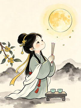 Cute Chibi Ancient Chinese Girl Worshiping the Moon with Incense, Qiufen Autumn Equinox Illustration in Ink Wash Style