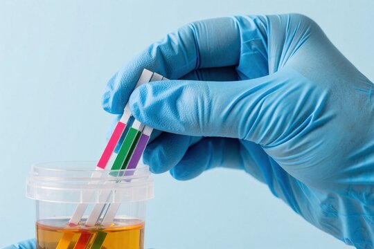 Gloved hand drops chemical test strips into yellow urine sample in plastic container. Medical lab technician performs drug test alcohol screening. Diagnostic reagent strips check for substances in
