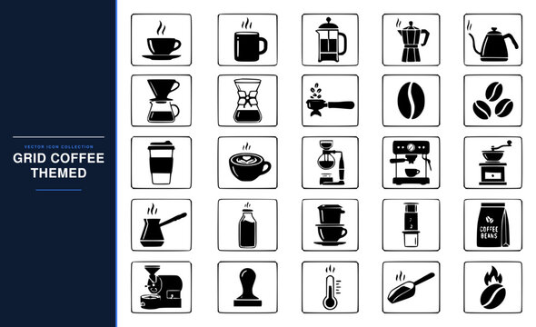 Grid collection of minimalist coffee themed vector icons set with simple line art design featuring simple design, minimalist, black and white with illustrations and graphics