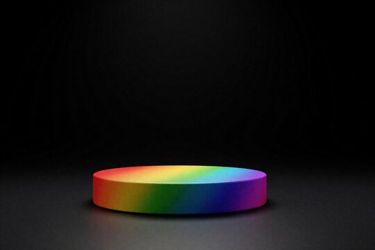Minimal 3D rainbow podium on black background. Colorful gradient cylinder pedestal stands in dark studio. Empty circular stage for product display pride concept. Vibrant spectrum colors offer copy