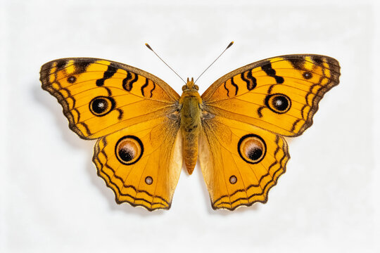 A close-up view of a peacock pansy butterfly, showcasing its vivid orange wings with distinct eyespot markings against a plain white background.