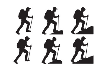 Fototapeta premium Hiking silhouettes of people with backpacks and trekking poles