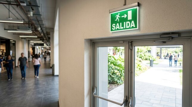 Green illuminated Salida exit sign above glass doors in a modern building hallway with people walking inside and outside