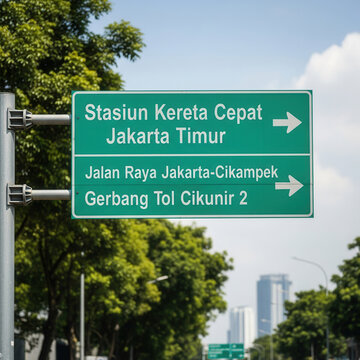 Green directional road sign for Jakarta Timur High Speed Train Station and Cikunir 2 Toll Gate with Jakarta skyline background