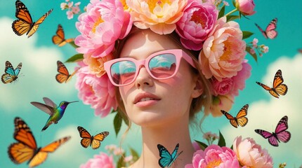 Fototapeta premium Young woman wears large pink sunglasses, massive floral crown made of pink peonies. Colorful butterflies, hummingbird fly around head in bright whimsical garden. Surreal fantasy portrait with vibrant