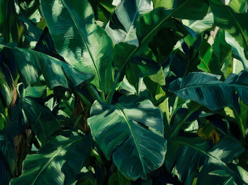 Lush tropical foliage with sunlight filtering through dense green leaves creating shadows