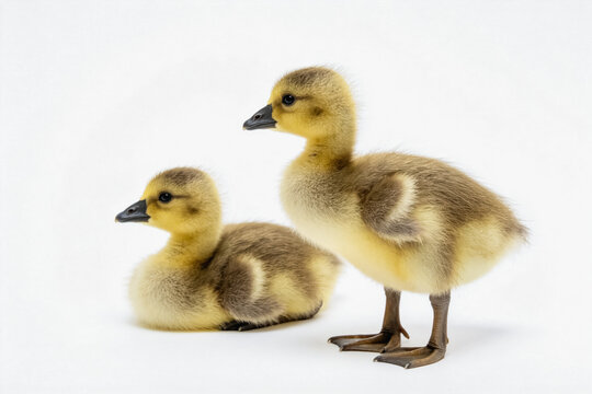 Two young goslings, one resting and one standing, with fluffy yellow and brown plumage, isolated on a plain white background.