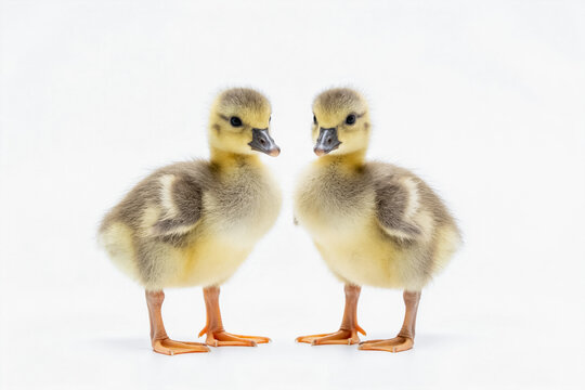 Two young fluffy goslings stand side by side against a plain white background, showing their soft down feathers and orange legs.