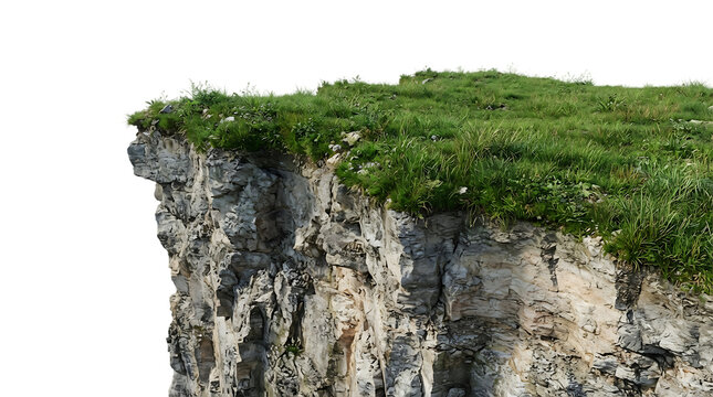 Rocky cliff edge with green grass isolated on transparent background
