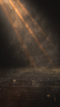 Dark empty wooden table with atmospheric smoke and dramatic golden rays of light shining from above. Ideal product display background with mystical, moody lighting. Smoke background
