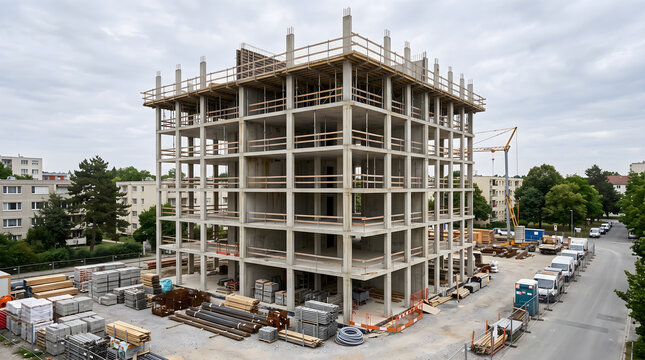 Un immeuble chantier en construction avec des structures en beton arme et des materiaux de batiment stockes