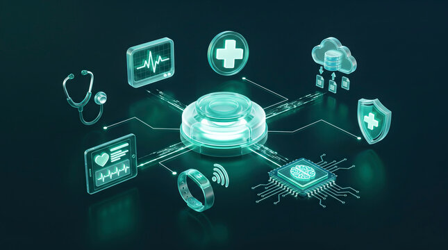 3D isometric layout of digital healthcare ecosystem and smart medical technology