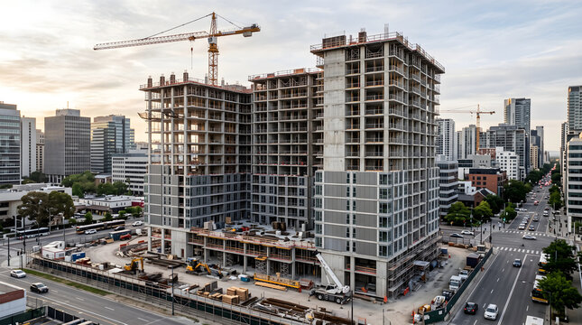 Un immeuble chantier en cours de construction dans un quartier urbain avec des grues et du trafic routier