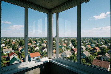 Fototapeta premium Modern apartment balcony with large glass windows. View of small village houses, green trees under bright blue summer sky. High floor terrace overlooks suburban residential area with rooftops, garden