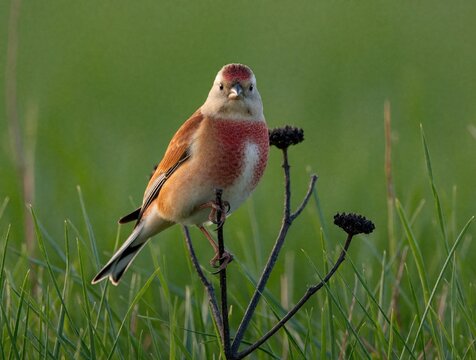 Male common linnet with red chest, head perches on dry plant stem. Small finch bird sits alert in green marshland. Close up portrait shows colorful breeding plumage against soft bokeh background in