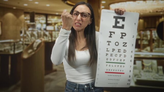 Hispanic woman wearing glasses and white top holds eye chart with one hand, clenches fist and bares teeth while standing in building optician shop; frustration vision.