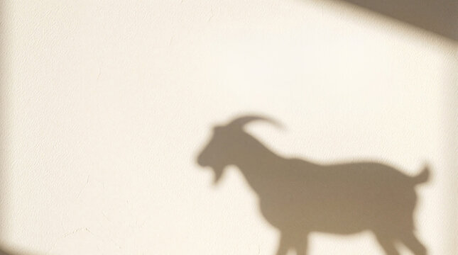 Shadow of goat animal on white wall. Minimalist Eid al Adha concept with crescent moon shadow shape. Muslim holiday celebration background. Islamic festival of sacrifice shadow play on plain surface