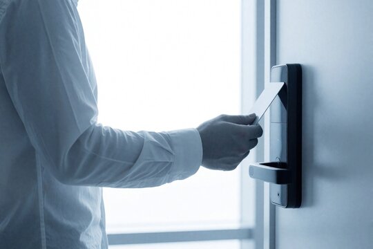 Male hand holds plastic key card near electronic door lock system. Businessman uses smart access card to open hotel room modern office door. Secure entrance technology with contactless sensor for