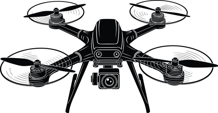 Modern quadcopter drone with camera vector illustration, black silhouette for aerial photography, technology, surveillance, and remote control flying device concept.
