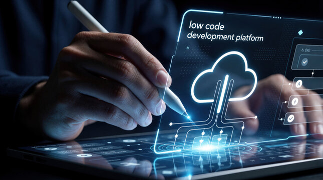 Pro developer uses stylus on digital tablet interface. Person creates low code no code app using cloud integration, workflow automation tools. Modern software design process shows smart tech platform