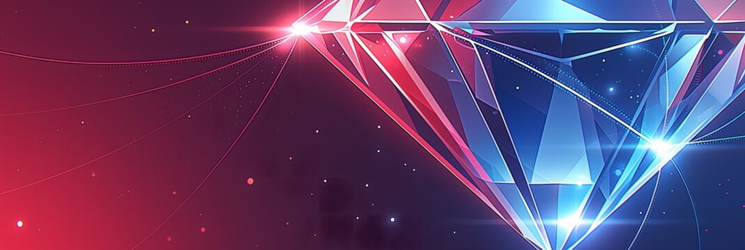Abstract geometric crystal structure with glowing neon pink and blue facets and radial strands like a web on dark gradient background for technology banners