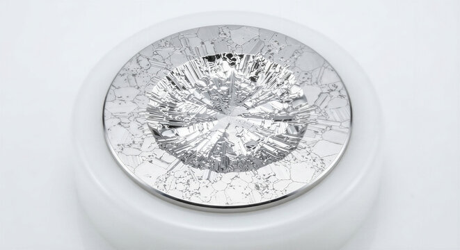 Polished rhenium tungsten alloy microstructure cross section with laser remelted melt pool and crystalline grain reflections under studio light 