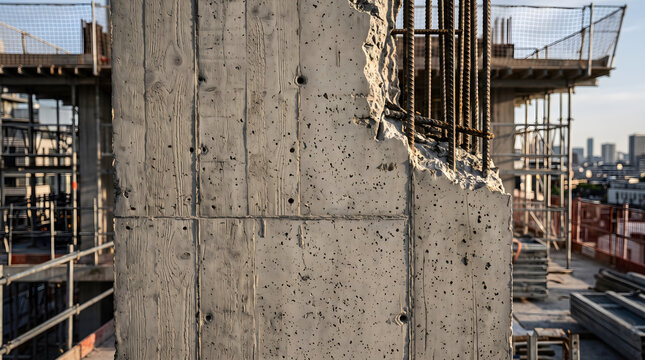 Gros plan sur un immeuble chantier avec pilier en beton brut structure renforcee et ferraillage apparent