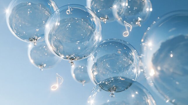 Transparent glass baubles floating against a light blue sky with glowing music notes and lens flare sparkles, festive winter background for holiday designs