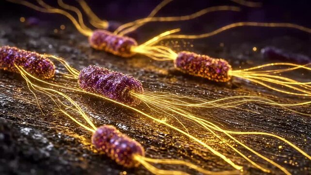 Glowing Purple Bacteria Transferring Electricity via Golden Nanowires, Bioenergy Concept