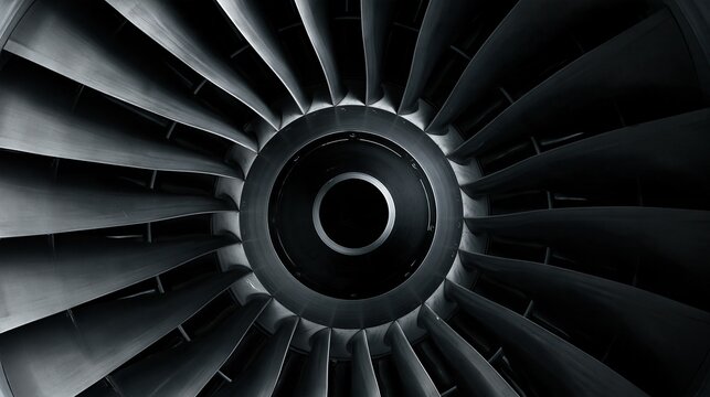 Symmetrical front close view of modern jet engine turbine with polished metallic gray blades showing precision aerospace engineering inside aircraft engine