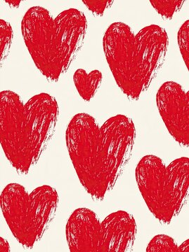 Hand drawn brush stroke red hearts repeating seamless pattern on light off white background for Valentine��s Day romantic design backdrop