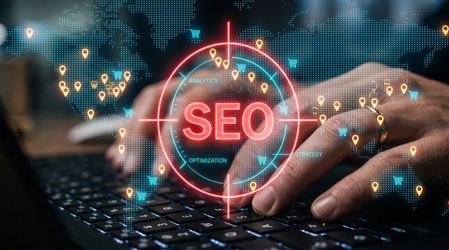 Digital marketer develops global SEO strategy, search optimization, organic traffic, keyword targeting, ecommerce visibility, localization, ranking growth to reach international customers worldwide.