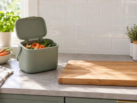 Open kitchen food scrap caddy beside a clear chopping board