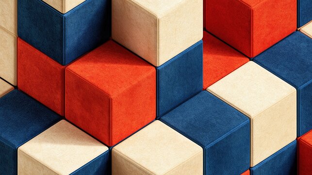 Three-dimensional staggered grid pattern of soft suede textured cubes in warm red deep blue and beige tones forming a tactile geometric textured background for modern design