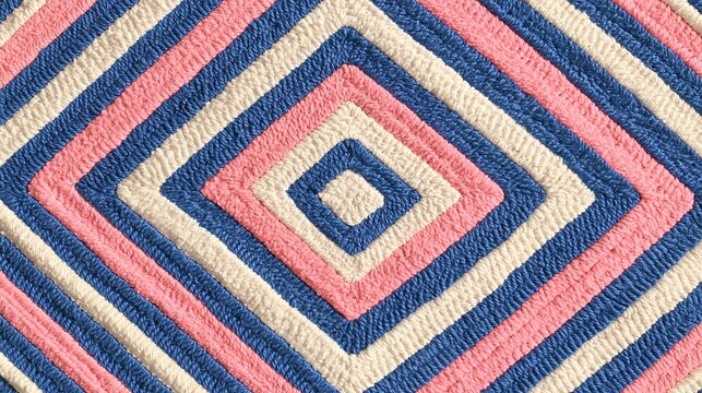 Tufted woven floor rug with concentric nested diamond pattern in pastel pink, deep blue and warm off-white forms a soft textured decorative textile background for modern interior design projects