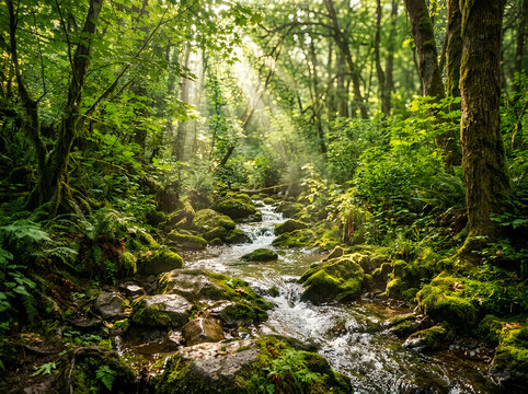 Sunlight streams through lush green forest illuminating a small flowing stream