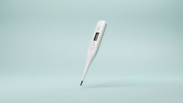 Digital thermometer measuring body temperature on light blue background